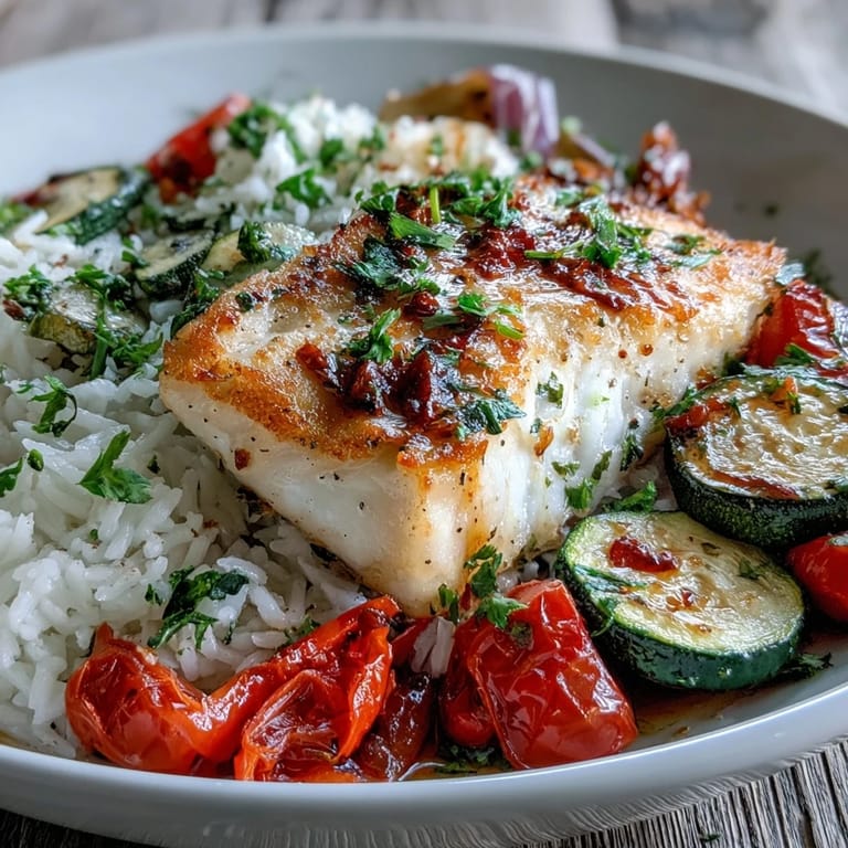 A vibrant, healthy pan-seared fish bowl features tender white fish, seasonal vegetables, and a savory lemon sauce over fluffy rice.
