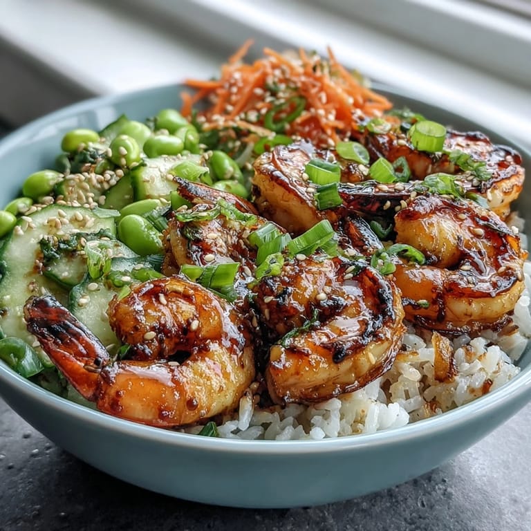 A close-up view shows juicy grilled shrimp and colorful vegetables arranged neatly over fluffy rice, garnished with scallions and sesame seeds.  