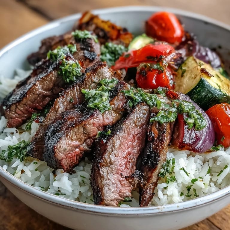 Warm grilled steak bowl featuring golden rice, blistered cherry tomatoes and peppers, finished with fresh parsley chimichurri sauce for a satisfying dinner.