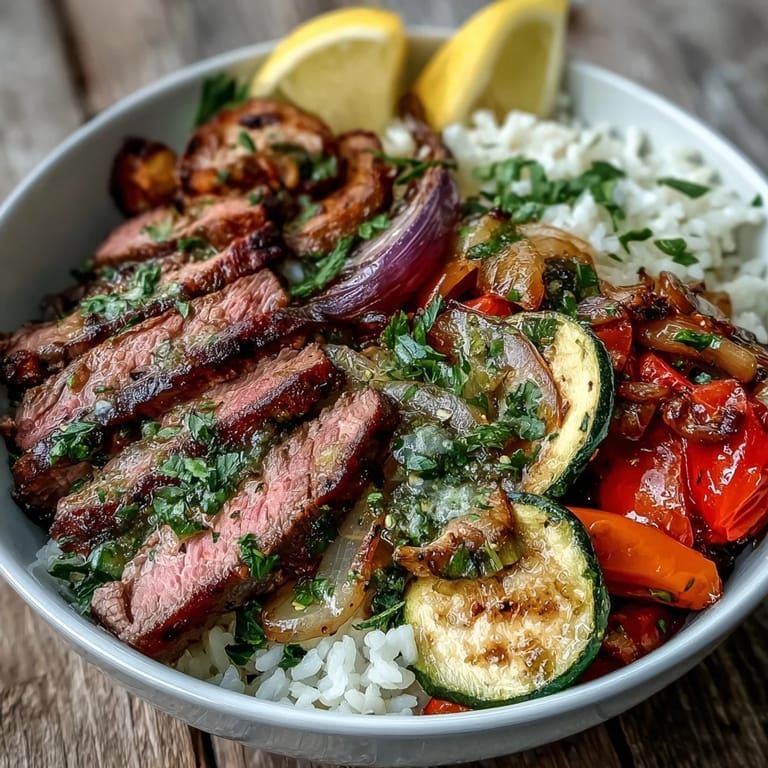 Easy Sheet Pan Steak and Veggie Bowl served with lemon wedges and drizzled soy sauce, ready for a weeknight dinner.