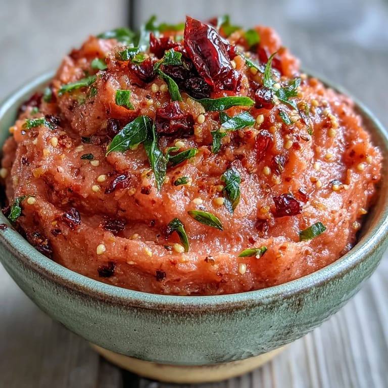 Vibrant guava chutney served with a soft idli, topped with a sizzling mustard seed tempering and fragrant curry leaves for a flavorful bite.