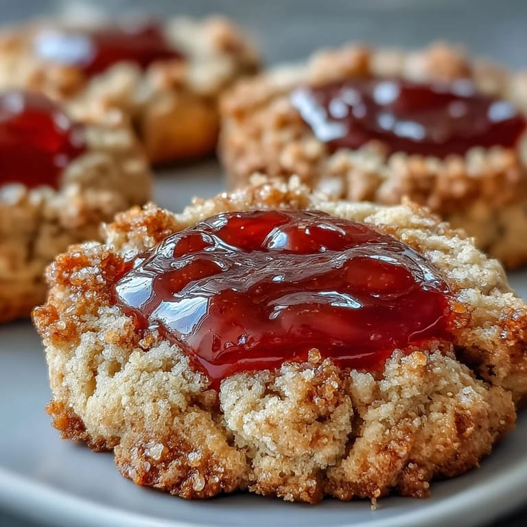 Freshly baked Guava Jam Thumbprint Cookies rest on parchment paper, featuring a vibrant pink guava filling.