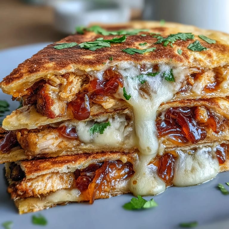 A skillet-cooked quesadilla showcases a generous filling of hot honey BBQ chicken, topped with fresh cilantro and paired with creamy guacamole for dipping.
