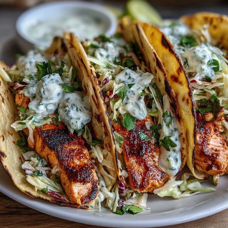 Served Air Fryer Salmon Tacos With Slaw on a plate, ready to eat with lime wedges.