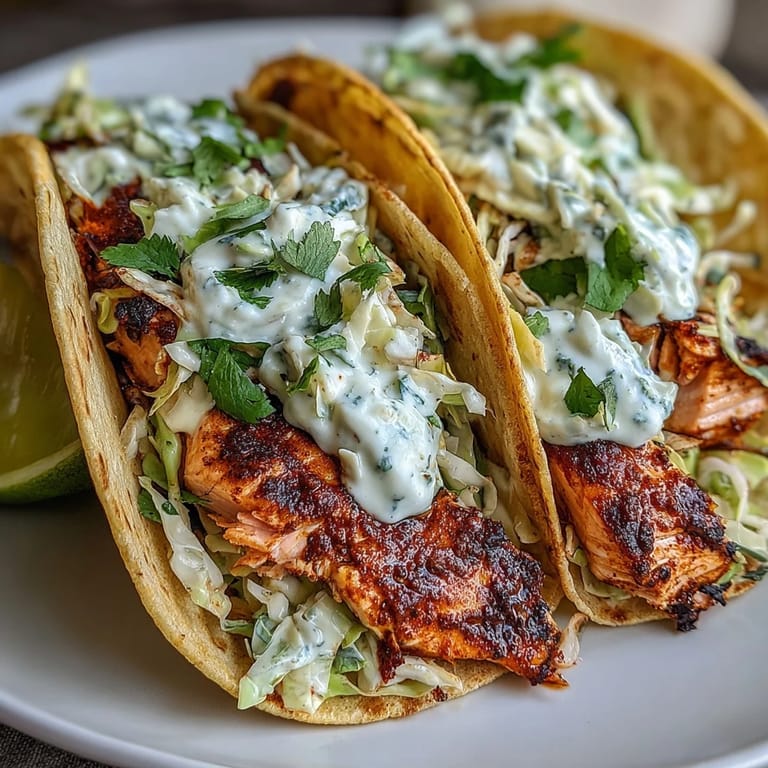 Crispy salmon tacos filled with flaky fish and crunchy cabbage slaw, garnished with fresh cilantro.