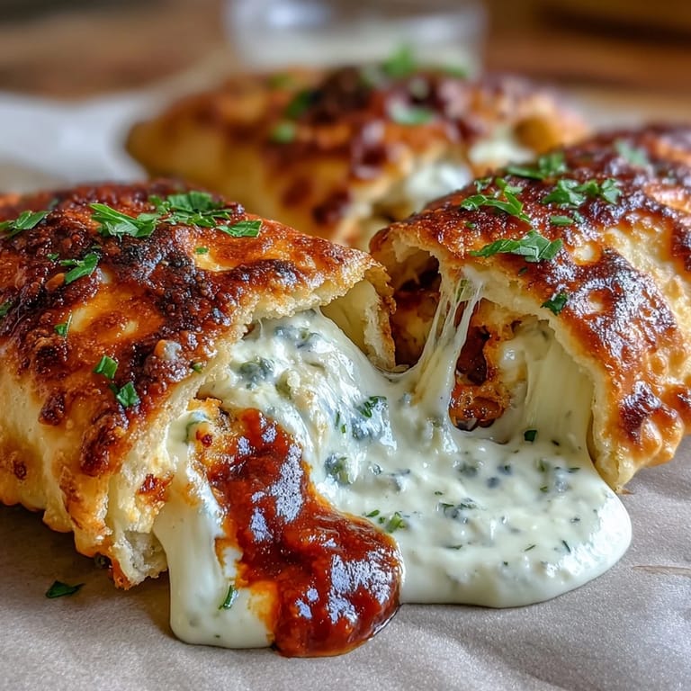 Close-up view of a halved High Protein Pizza Hot Pocket revealing a generous filling of gooey low-fat mozzarella and rich, savory pizza sauce.