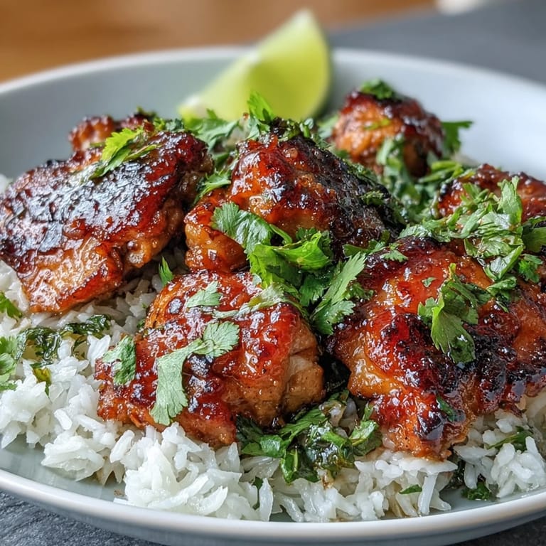 Spicy Maple Chicken & Coconut Rice garnished with fresh cilantro and lime wedges, highlighting the creamy texture of the fluffy coconut rice.