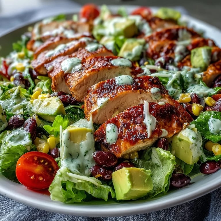 Plated High Protein Southwest Chicken Salad with cherry tomatoes and cheddar cheese, ready to serve as a healthy lunch.