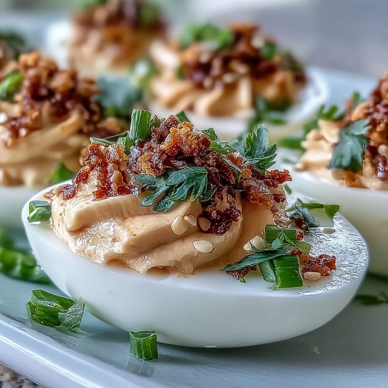 Creamy Spicy Chili Garlic Deviled Eggs on a platter, ready to serve with a drizzle of chili crisp oil.