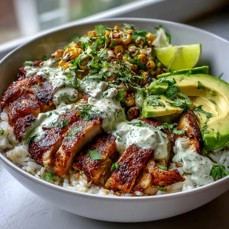 Golden seasoned chicken and Street Corn Chicken Rice Bowl garnished with fresh cilantro and Cotija cheese, served with lime wedges.