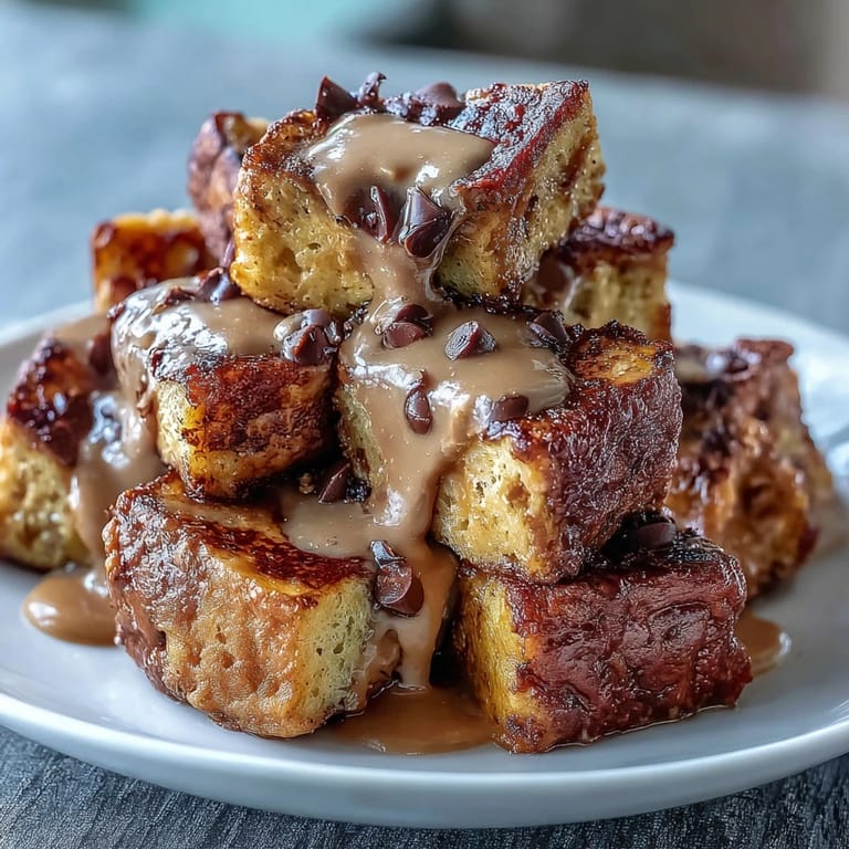 A single serving of High-Protein Peanut Butter & Chocolate Baked French Toast is plated, topped with fresh raspberries and a dollop of yogurt for a healthy brunch.