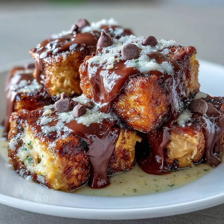 Close-up on the rich, cocoa-infused texture of High-Protein Peanut Butter & Chocolate Baked French Toast, showing moist bread cubes and melted peanut butter swirls.