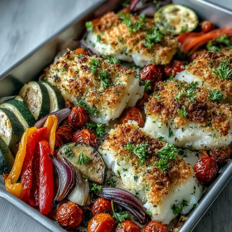 Colorful roasted vegetables and golden Parmesan crusted fish & veg served on a white plate with lemon wedges.