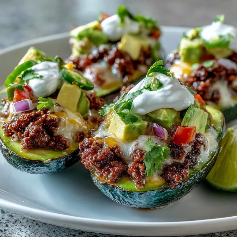 Ripe avocado halves filled with spiced taco meat, diced tomatoes, onions, and cilantro salsa, then finished with a swirl of cool sour cream for a low-carb meal.