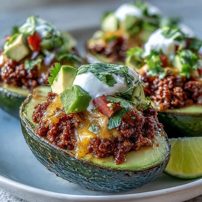 A close-up of Keto Taco Stuffed Avocados garnished with jalapeños and shredded cheese, served with lime wedges for a zesty Mexican-inspired keto dinner.