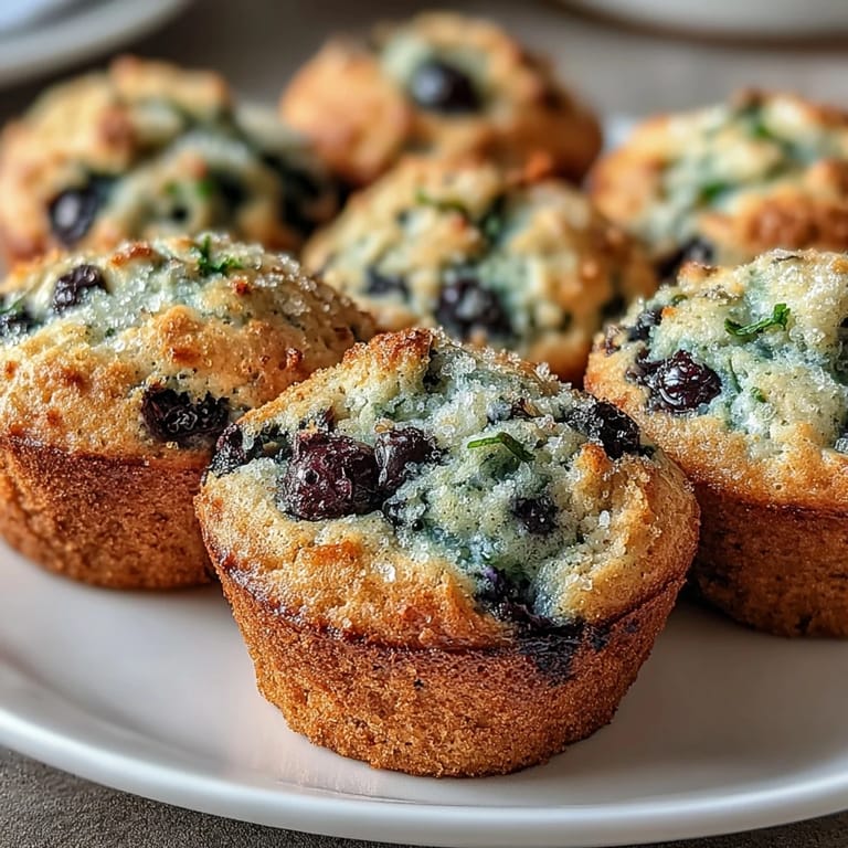 Freshly baked Vegan Blueberry Lemon Protein Muffins on a cooling rack, showcasing golden tops and juicy blueberries.