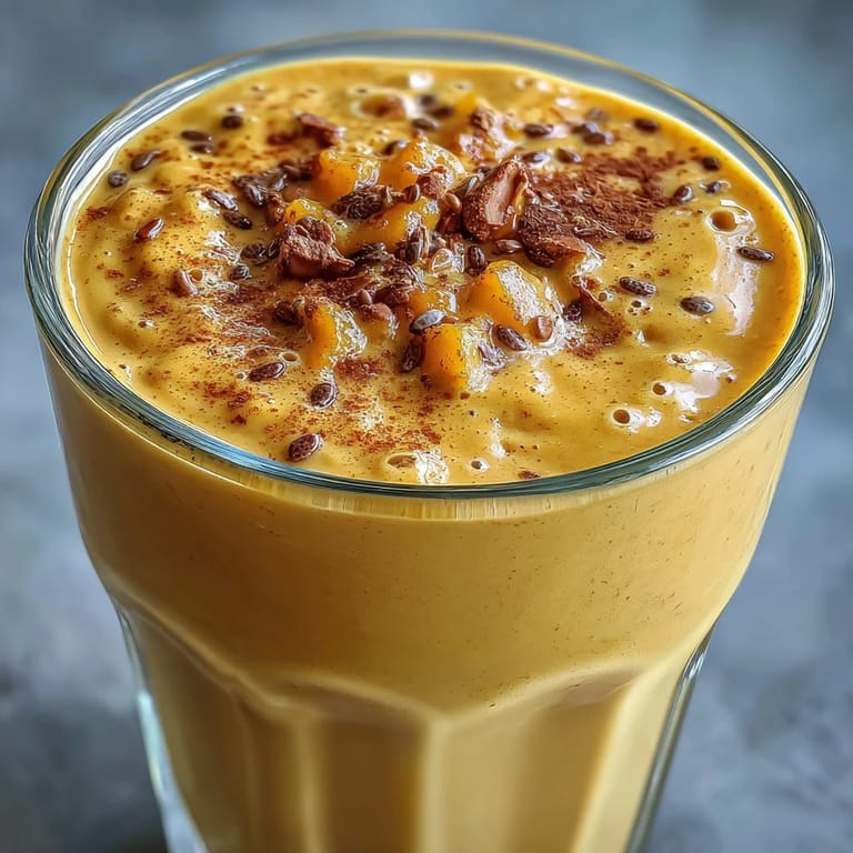 Vibrant orange Vegan Mango Turmeric Golden Milk Smoothie topped with chia seeds and a cinnamon stick.