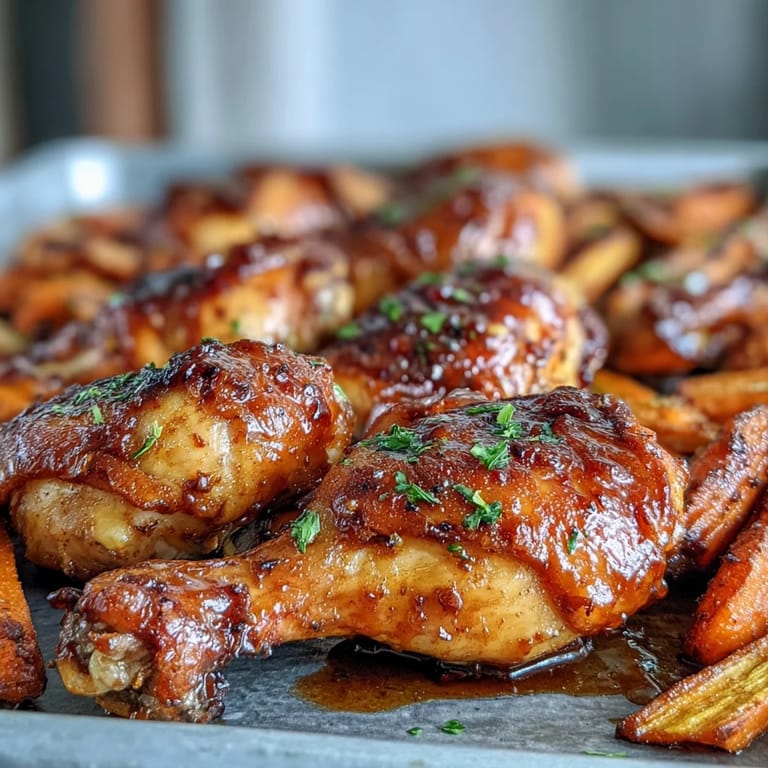 Savory Sheet Pan Honey Garlic Chicken Drumsticks are served with roasted carrots and fresh thyme on a rustic wooden table for dinner.