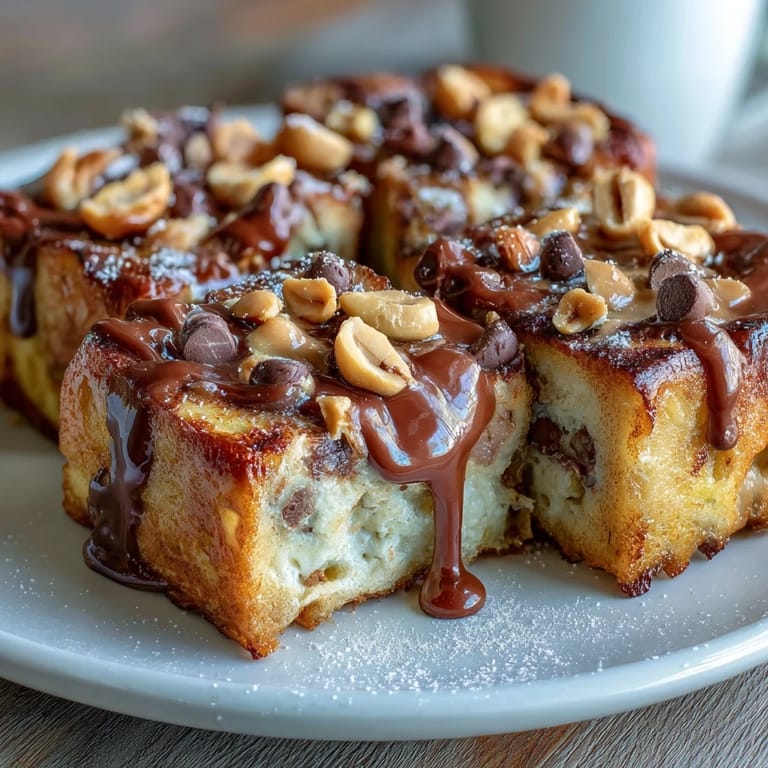 Sliced High-Protein Peanut Butter & Chocolate French Toast served with fresh berries.