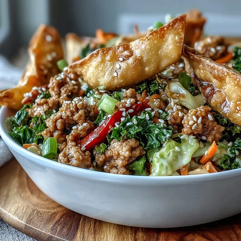 Healthy, high-protein bowl meal featuring lean turkey, shredded vegetables, and sesame-ginger sauce, finished with crispy wonton garnish.