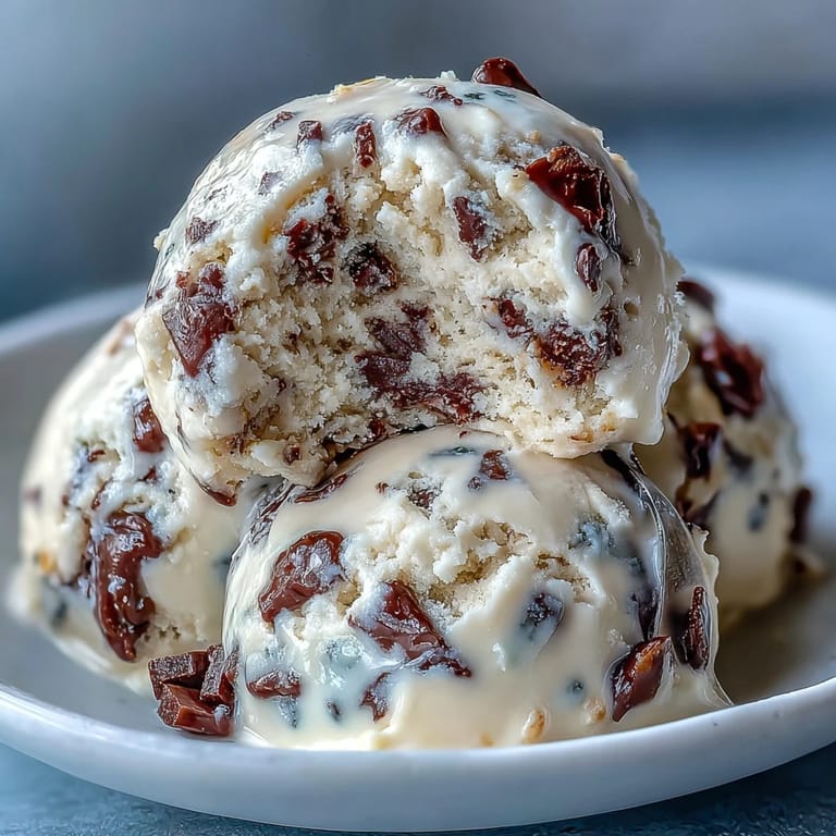 A spoonful of protein-packed Greek yogurt cookie dough topped with dark chocolate chips, ready to enjoy straight from the fridge.