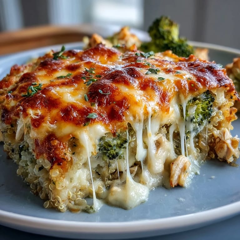Easy gluten-free broccoli quinoa casserole featuring cheesy layers, savory chicken, and wholesome ingredients for a comforting family meal.