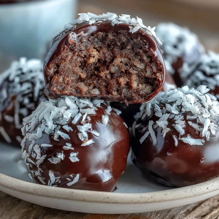 2. Wholesome no-bake chocolate coconut bites, naturally sweetened and coated in dark chocolate for a healthy dessert or snack.  