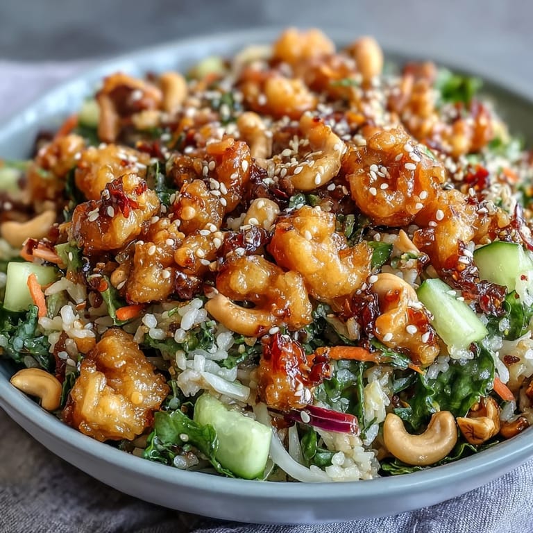 Asian-inspired crispy rice salad featuring golden rice, crisp veggies, and rich peanut-sesame dressing topped with sesame seeds.