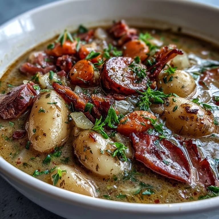 Rustic bowl filled with hearty bean soup featuring tender potatoes, smoky ham, and vibrant vegetables.  
