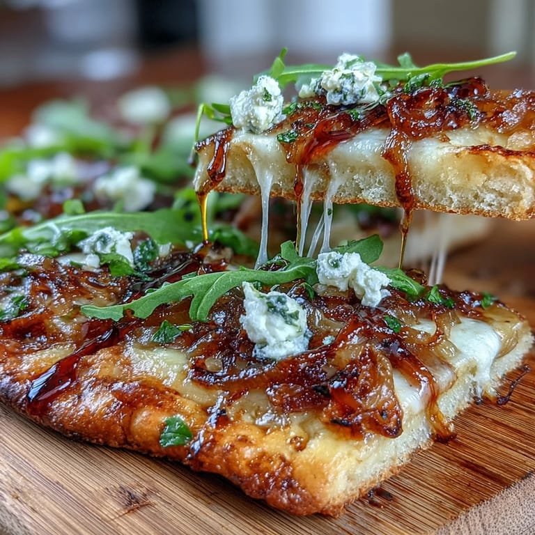 A crispy flatbread pizza layered with sweet caramelized onions, tangy goat cheese, peppery arugula, and a balsamic drizzle—perfect for sharing.