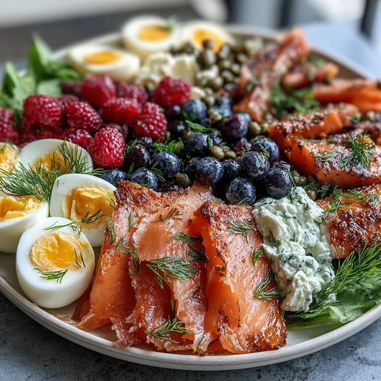 A vibrant platter of assorted bagels, smoked salmon, and seasonal berries perfect for sharing with friends.  