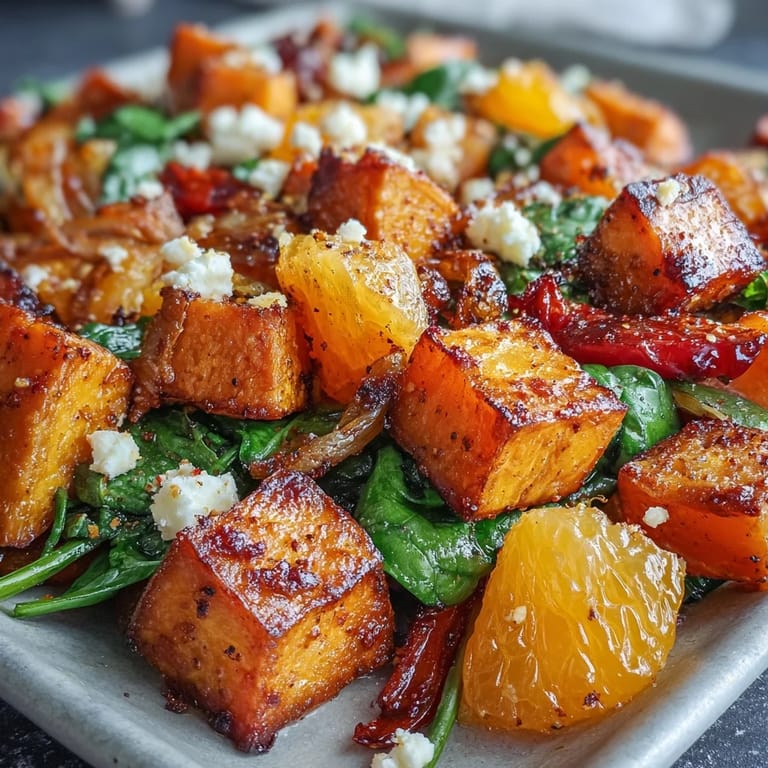 Colorful sheet pan breakfast featuring sweet potatoes, red peppers, and juicy orange chunks.