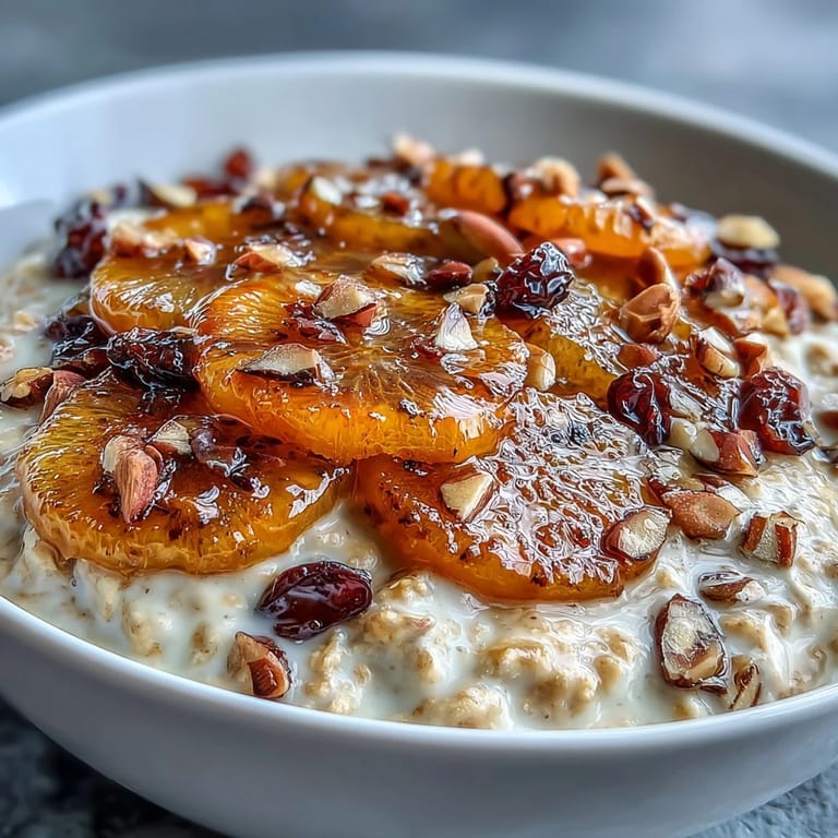 Creamy oatmeal infused with vanilla and topped with sweet candied orange slices, tart cranberries, and crunchy almonds.  