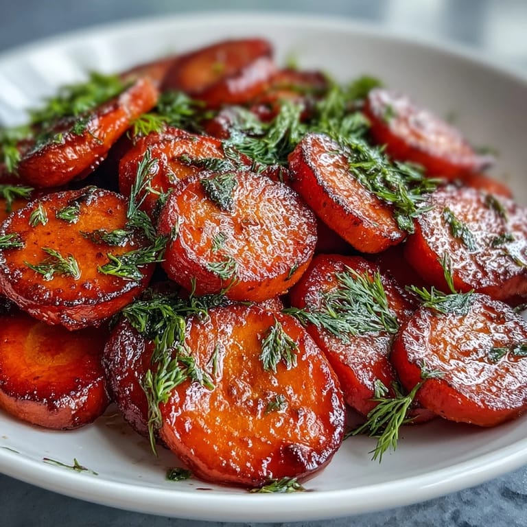 Honey and orange glazed carrots sprinkled with fresh dill, glossy and aromatic in a skillet.