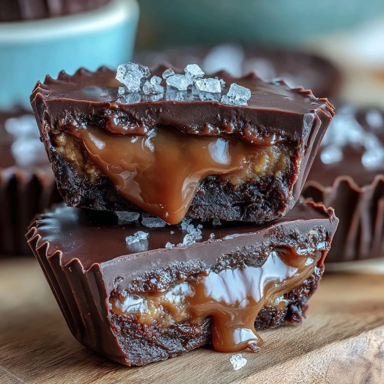 Decadent salted caramel peanut butter cups with creamy filling, silky chocolate coating, and a sprinkle of sea salt for irresistible flavor.
