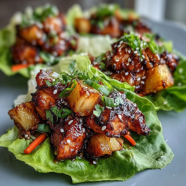 Colorful lettuce wraps filled with juicy teriyaki chicken, sweet pineapple chunks, and crunchy vegetables.