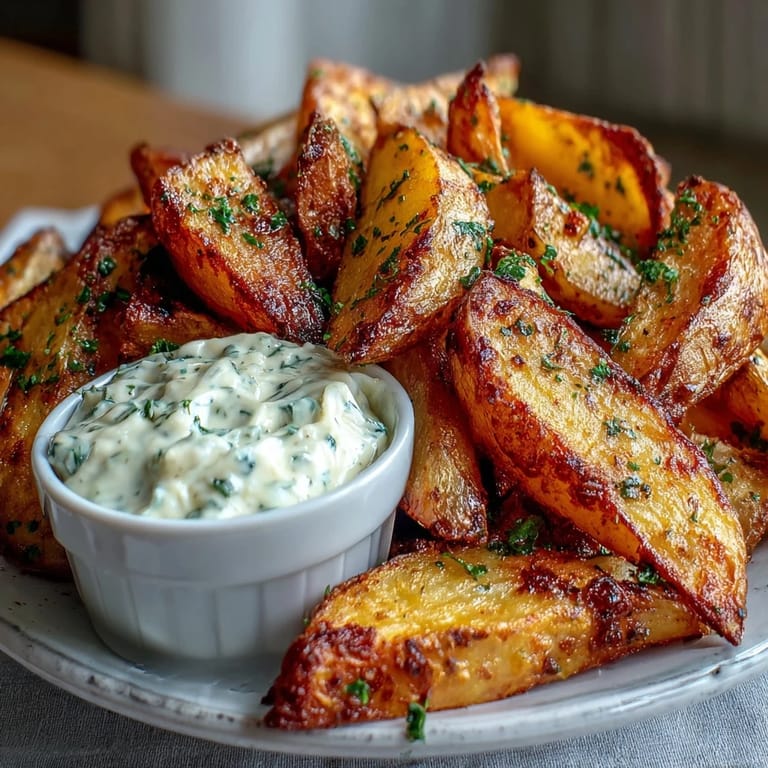 Air-fried sweet potato fries with a light crunch, served alongside rich and tangy garlic aioli.
