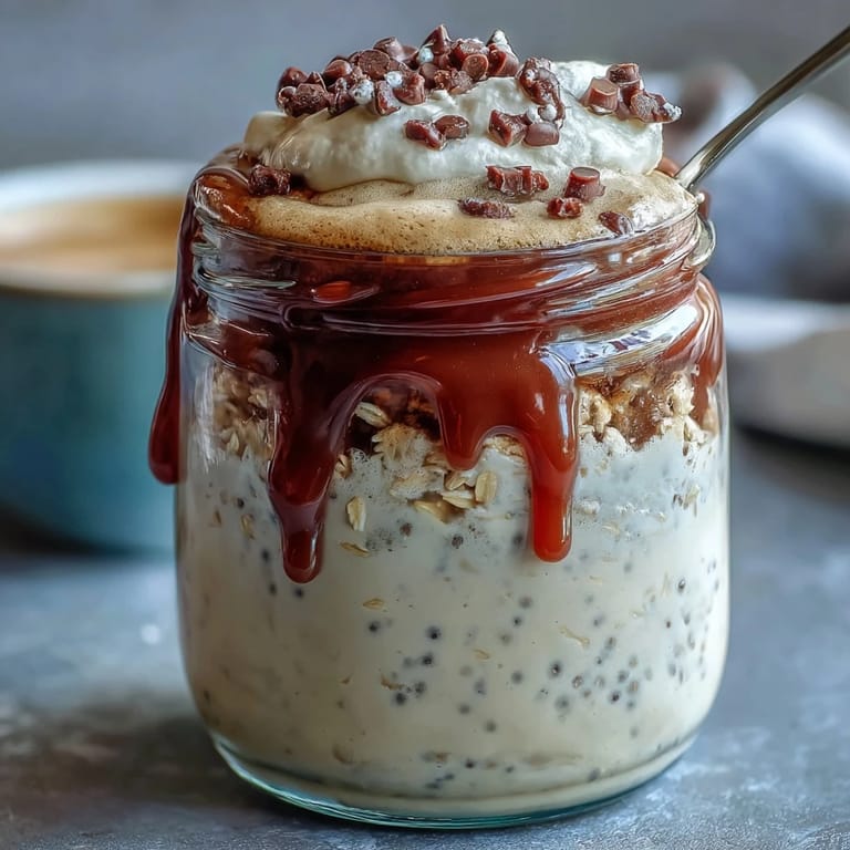 Vanilla Bean Frappuccino-inspired overnight oats with espresso, chia seeds, and whipped cream, served chilled in a mason jar.