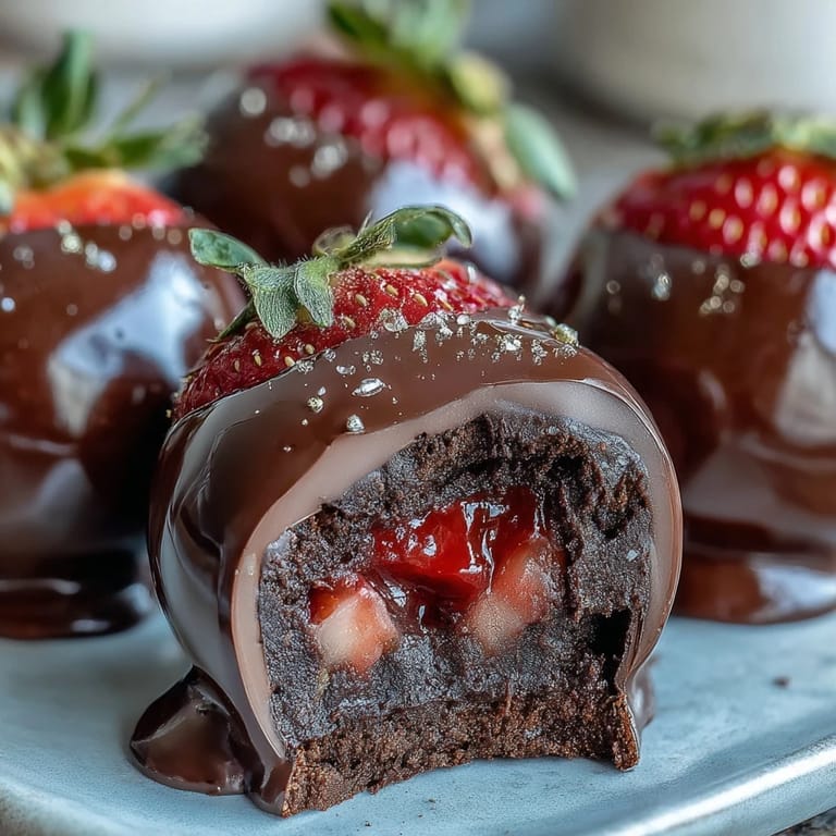 Gourmet strawberry-infused chocolate truffles with rich ganache, freeze-dried berry coating, and shimmering gold dust.  