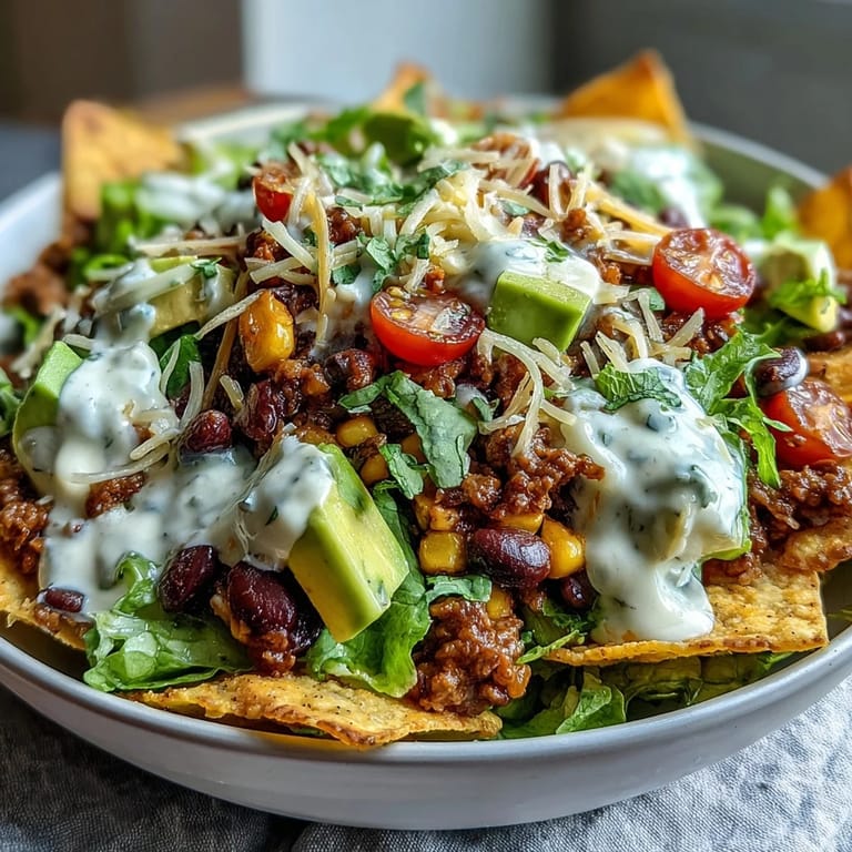Wholesome taco salad bowls featuring crunchy tortilla bowls, hearty turkey filling, and a tangy Greek yogurt ranch drizzle for a balanced meal.