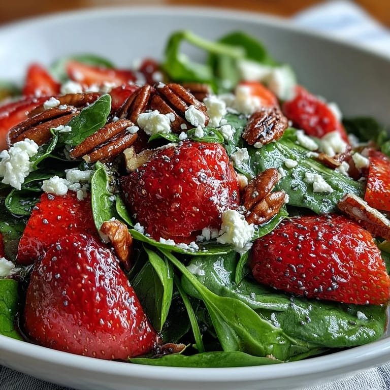 Colorful spring salad featuring baby spinach, fresh strawberries, feta cheese, and crunchy pecans, tossed in tangy poppy seed dressing.