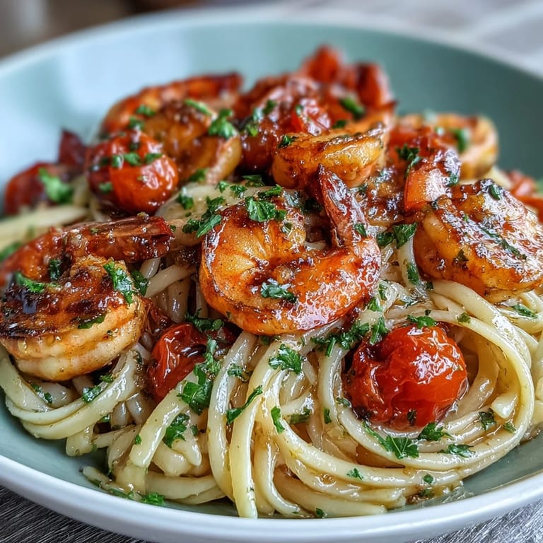 Tender shrimp and vibrant spring vegetables mingle in a fragrant garlic sauce with angel hair pasta, creating a colorful, wholesome dish.