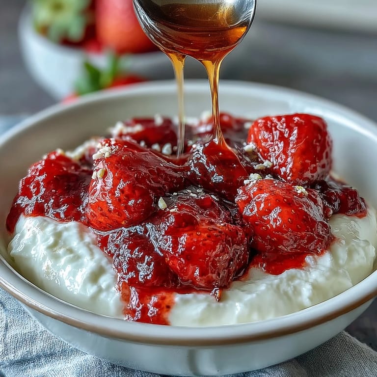 Homemade strawberry compote spooned over thick Greek yogurt, garnished with nuts and honey, creating a luscious and refreshing treat.