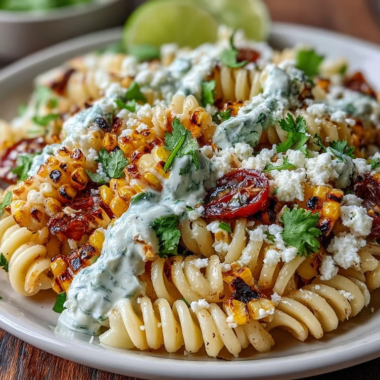 Creamy, tangy Mexican street corn pasta salad featuring smoky charred corn, fresh cilantro, and zesty lime dressing in a colorful bowl.