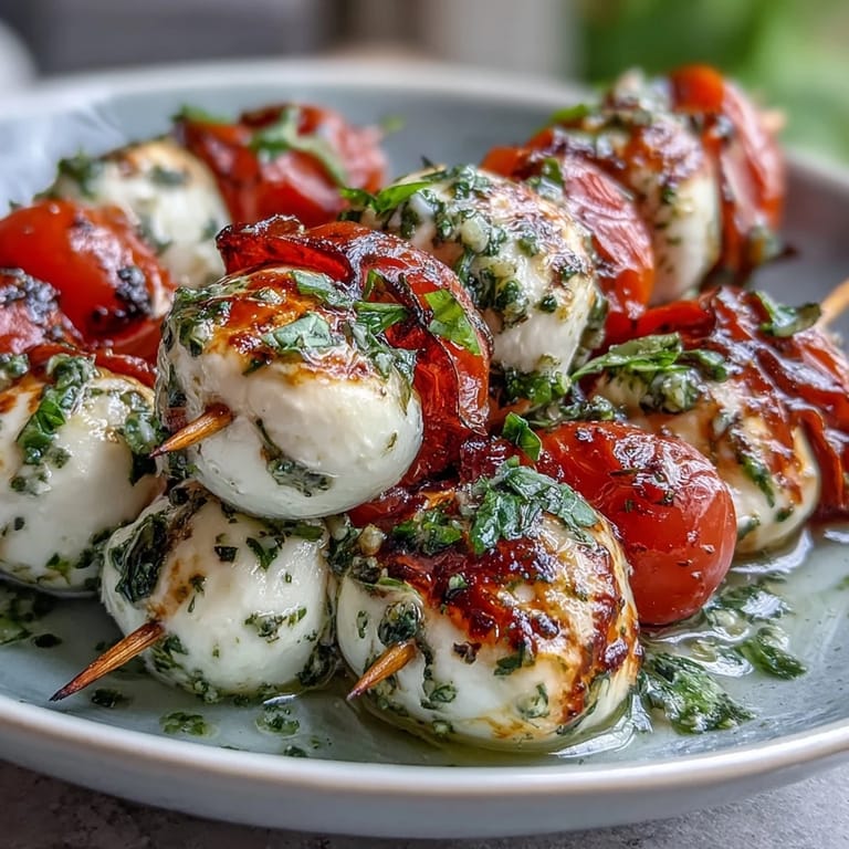 Fresh mozzarella, ripe tomatoes, and fragrant basil leaves are elegantly threaded onto skewers, then drizzled with zesty pesto for a classic Italian appetizer.