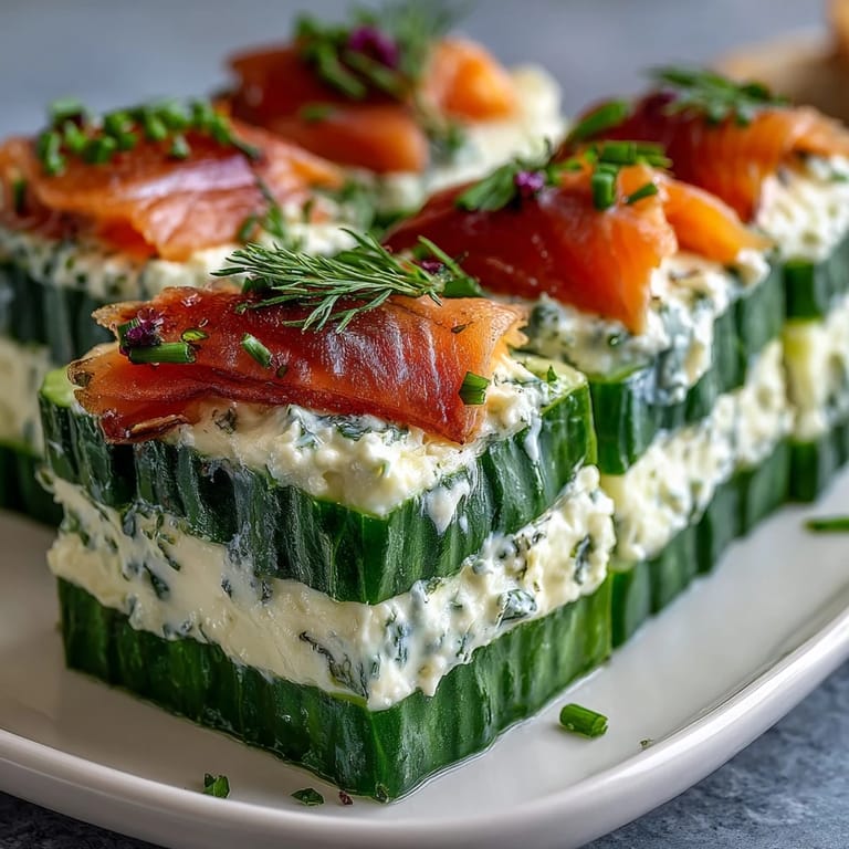 Crisp cucumber slices paired with rich cream cheese and delicate smoked salmon, garnished with dill for a refreshing bite.