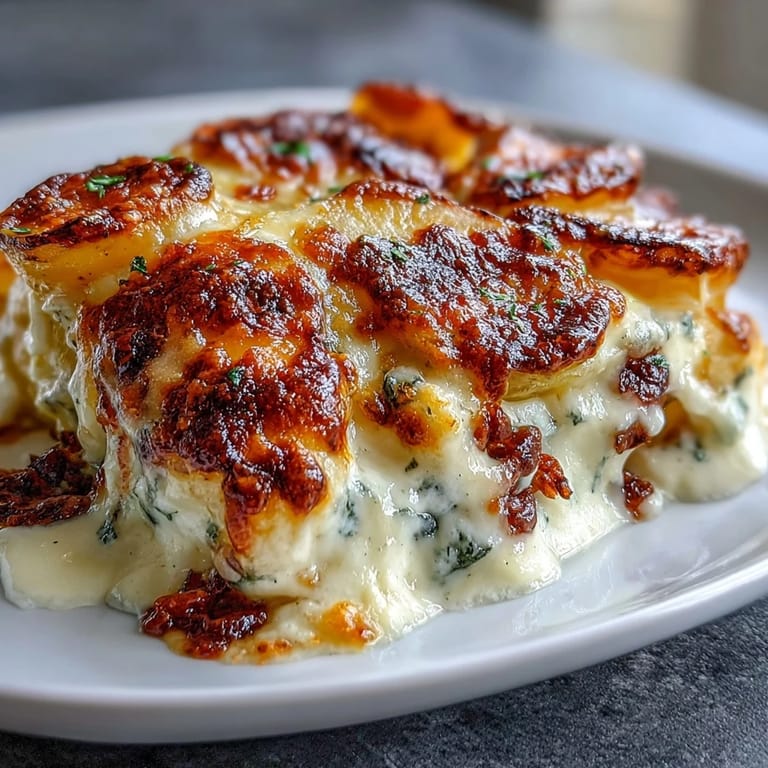 Decadent Creamy Au Gratin Potatoes with nutmeg-spiced cream and melty cheese topping, perfect for holiday dinners.