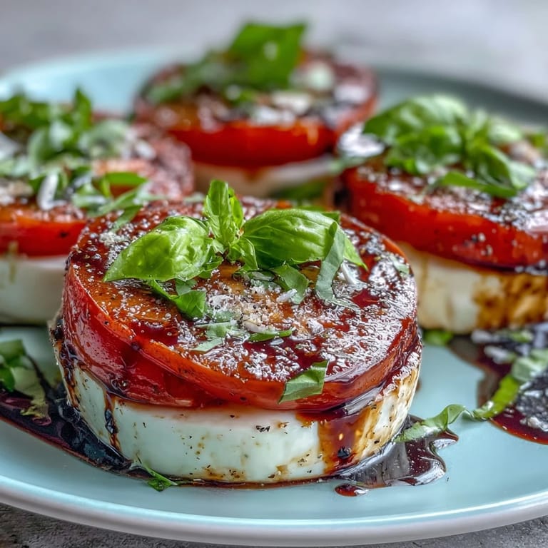 Creamy mozzarella and juicy tomatoes layered with fragrant basil oil drizzle, a vibrant Italian summer salad perfect for light dining.