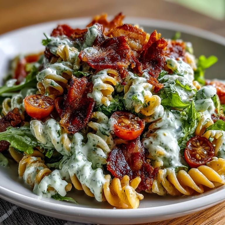 A bowl of BLT Pasta with Avocado Ranch features crispy bacon, juicy tomatoes, and fresh lettuce tossed with creamy avocado dressing.