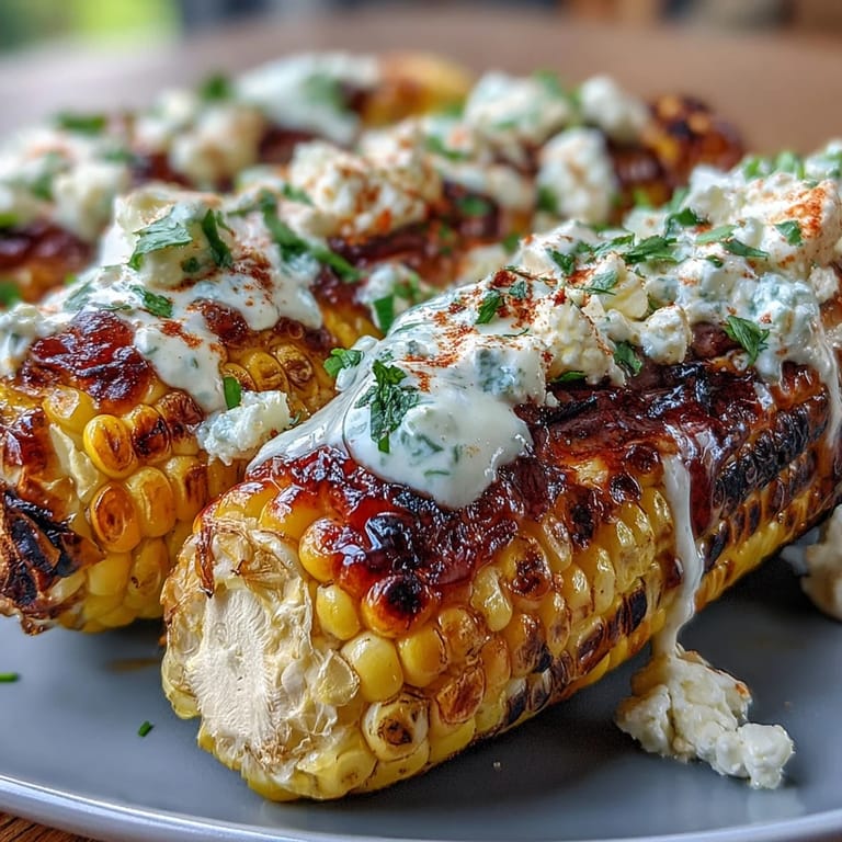 Charred sweet corn coated in rich, smoky elote sauce, sprinkled with Cotija cheese and fresh cilantro for a bold summer side dish.